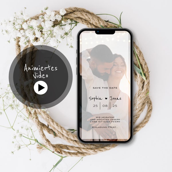 Digital save the date video for the wedding with animations and personalized data to send via WhatsApp