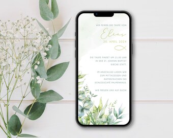 Digital invitation to the baptism with personalized data to be sent via WhatsApp | Green bouquet