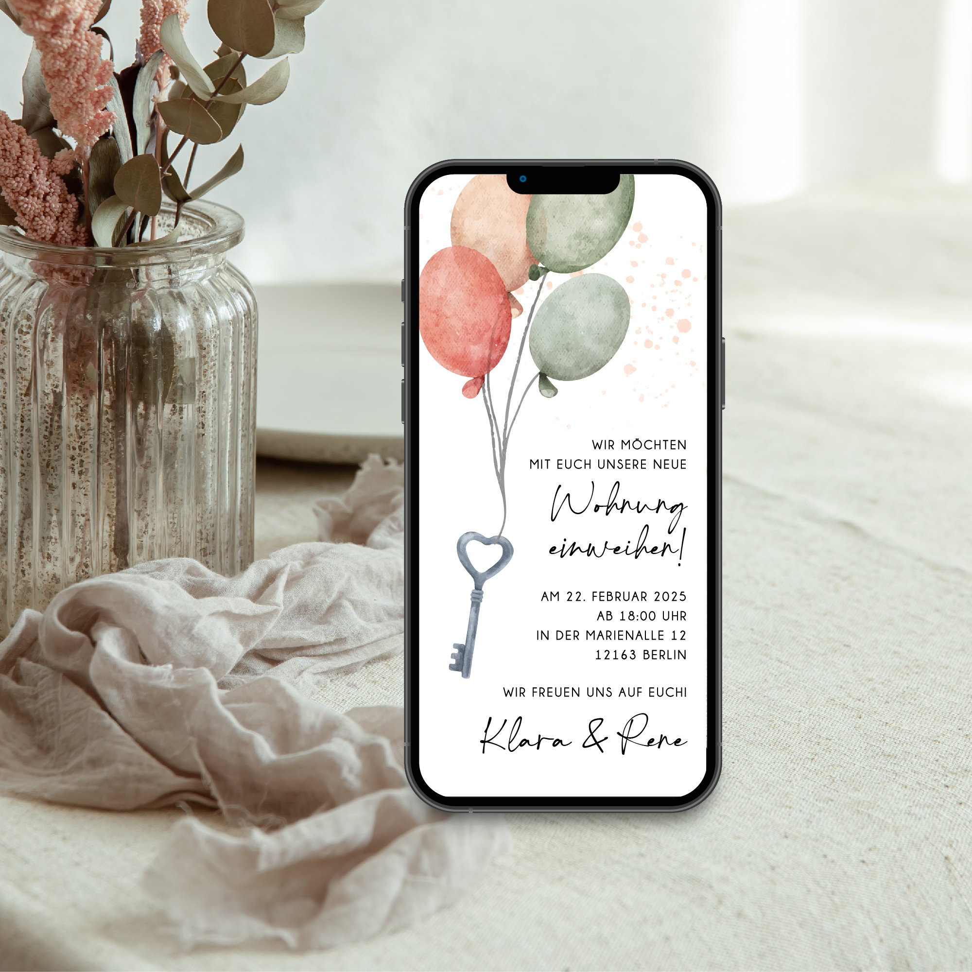 Digital invitation to the housewarming party with personalized data to send via WhatsApp | Key