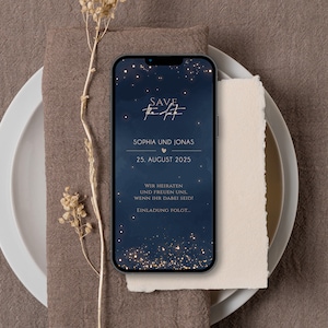 Digitale Save the Date Karte zur Hochzeit mit personalisierten Daten zum Versenden per WhatsApp | Blauer Nachthimmel