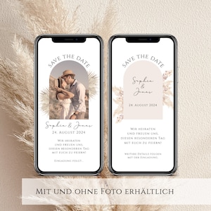 Digitale save the date kaart voor de bruiloft met gepersonaliseerde gegevens om te versturen via WhatsApp | Boho-boog