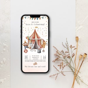 Convite digital de aniversário com detalhes personalizados para enviar via WhatsApp | circo