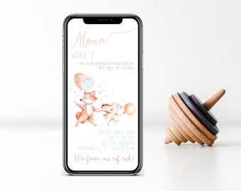 Digital birthday invitation with personalized details to send via WhatsApp | Fox and hare