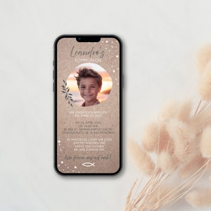 Invito digitale per comunione o cresima con dati personalizzati da inviare tramite WhatsApp | Carta Kraft, foto e rami