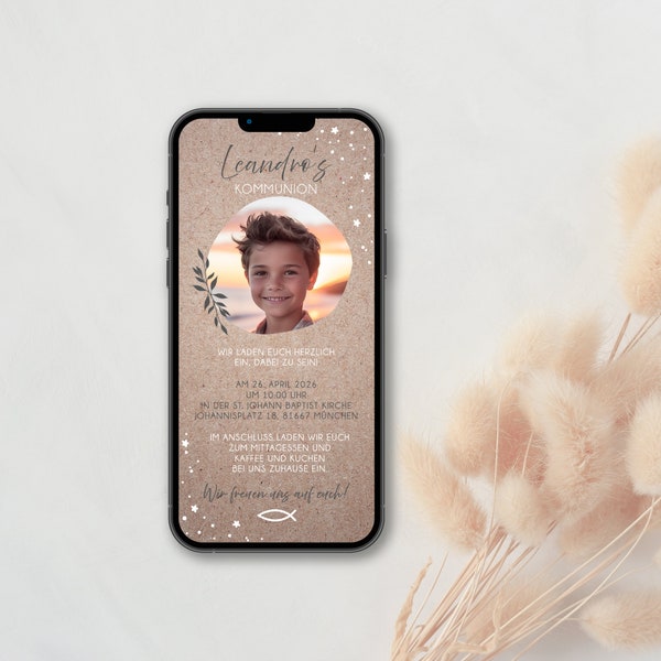 Digitale Einladung zur Kommunion oder Konfirmation mit personalisierten Daten zum Versenden per WhatsApp | Kraftpapier, Foto und Zweige