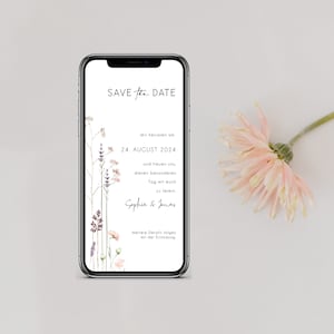 Digital save the date card for the wedding with personalized data to send via WhatsApp | Wildflowers