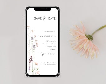 Digital save the date card for the wedding with personalized data to send via WhatsApp | Wildflowers