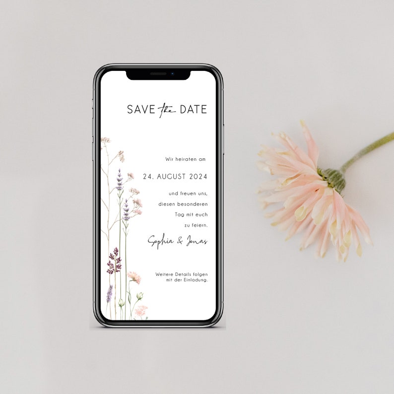 Digital save the date card for the wedding with personalized data to send via WhatsApp Wildflowers image 1