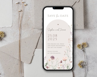 Digitale Save the Date Karte zur Hochzeit mit personalisierten Daten zum Versenden per WhatsApp | Wildblumen Herz