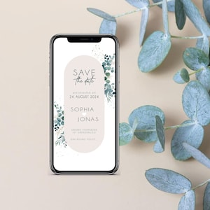 Carte numérique de sauvegarde de la date pour le mariage avec des données personnalisées à envoyer via WhatsApp | Eucalyptus ovale