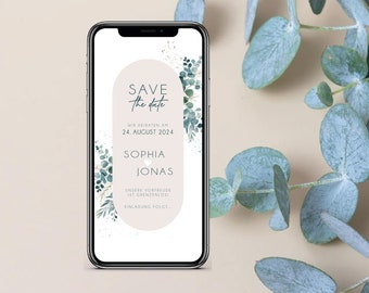 Digital save the date card for the wedding with personalized data to send via WhatsApp | Oval eucalyptus