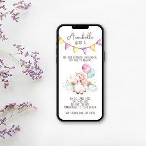 Convite digital de aniversário com detalhes personalizados para enviar via WhatsApp | Unicórnio Arco-Íris