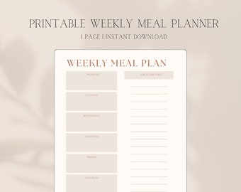 Neutral Weekly Printable Digital Meal Planner and Grocery List