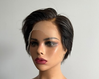 100% Virgin Human Hair | Black with Silver Strands Salt and Pepper HD Full Lace Wig