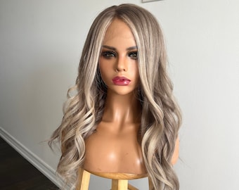 100% Virgin Human Hair | Ashy Tone Dark Blonde with Pale Blonde Babylights Balayage Glueless HD Lace Front Wig