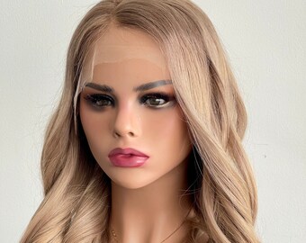 100% Virgin Human Hair | Milktea Blonde with Dark Blonde Roots Balayage Glueless HD Lace Front Wig