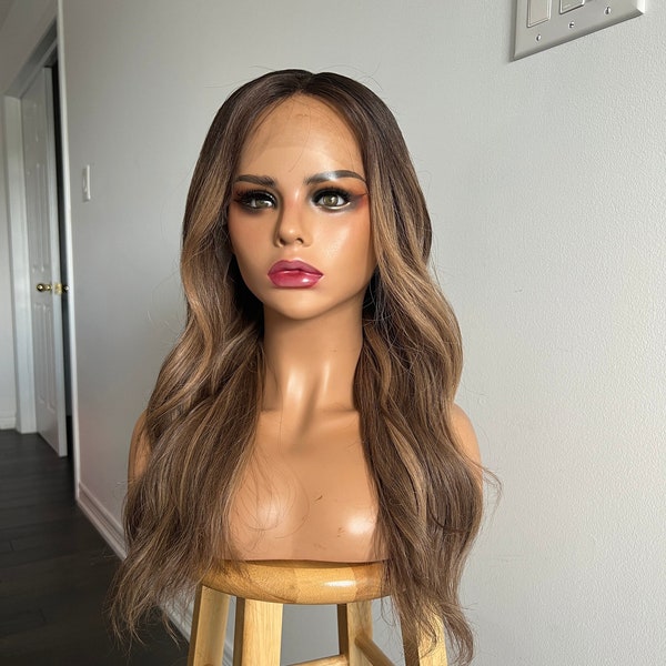 100% Virgin Human Hair | Dark Brown with Honey Blonde Balayage Glueless HD Lace Front Wig