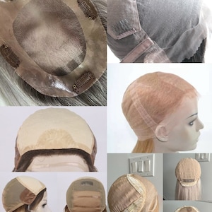 May include: Close-up of a wig cap with adjustable straps and clips. The cap is made of a thin, breathable material and is designed to fit comfortably on the head. The cap is shown in various positions to demonstrate its flexibility and adjustability.