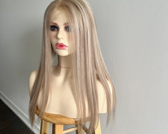 Pronta per la spedizione / Parrucca frontale in pizzo HD senza colla con capelli umani vergini Balayage biondo scuro cenere da 18 pollici, taglia media