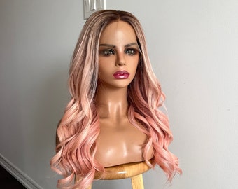 Peluca frontal de encaje HD sin pegamento, 100 % cabello humano virgen, color rosa bebé con raíces rubias oscuras rosáceas apagadas, con balayage