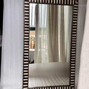 Full shot of the rectangular bone inlay mirror showcasing its overall proportions and decorative frame.