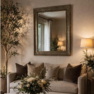 May include: A rectangular mirror with an ornate, gold-toned frame hangs above a cream-colored sofa with several decorative pillows. A lamp with a beige shade and a potted tree are also visible, creating a warm, inviting living room scene.