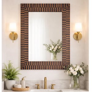 Bathroom mirror geometric ,striped mirror solid wood frame, Rectangular blue and wood color Frame