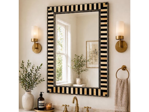 Handmade bone inlay mirror frame & Golden Trim in Copper