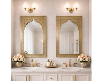 Moroccan Gold Mirror Set of 2  Arched Brass Frame Wall Mirrors  Double Vanity Bathroom Mirrors  Luxury Powder Room Decor  Handmade Mirror