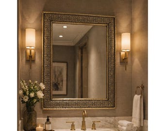 Ornate Vanity Mirror for Elegant Powder Room Décor, Luxury Gold Bathroom Mirror Frame