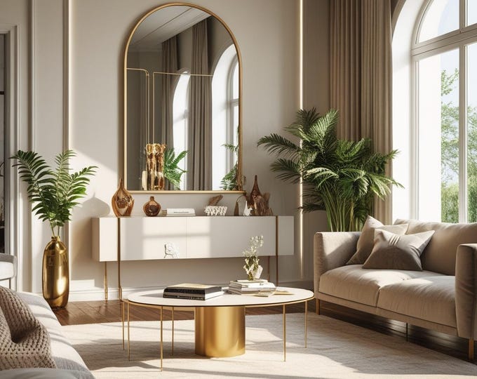 Featured listing image: Arch Mirror, Arched Wall Mirror, Arch Bathroom Mirror, Wall Mounted Vanity Brass Frame Mirror for Bedroom, Entryway, Living Room, Gold