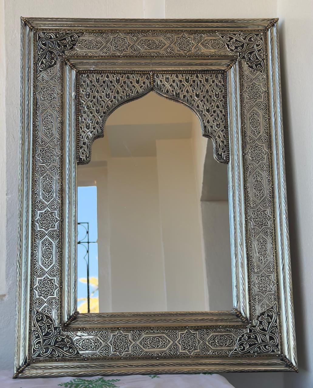 装飾的なシルバーミラー、フロアミラー、全身シルバーアーチウォール