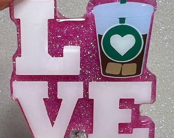 Retractable 2 inch Badge Reel , I love iced coffee , Starbucks , nursing , glitter , ID Holder , Students , caffeine , ice coffee, fun gift