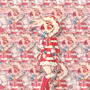 May include: A repeating pattern of a cartoon character wearing a red and white striped dress with a white fur trim. The character has pink skin, red eyes, and a white fur hood. The character is holding a blue lollipop.