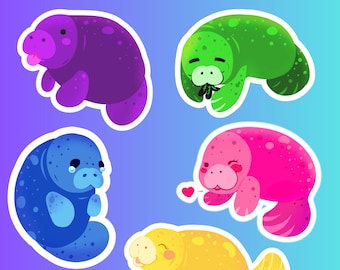 HUE Manatee Stickers! Colorful Iridescent Sea Cow stickers! Silly, Hungry, Flirty, Happy and Mopey designs! Holographic or Waterproof!