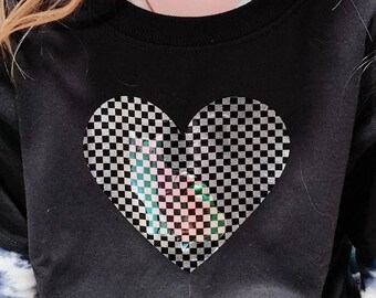 Rainbow Holographic Cheshire Cat T-shirt! Handmade, Alice in Wonderland themed shirt! Heart Checker pattern, with a color changing Cat!