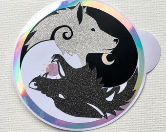 Holographic Yin and Yang Wolves Sticker- Sampson (Angry) and Sheila (Calm) Iridescent Rainbow Waterproof Vinyl Wolf Decals