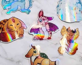 Rainbow Dragon and Wolpertinger stickers! Iridescent Rainbow Holographic labels! Cute and sweet mythological creatures inspired by nature!