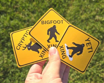 Various "Cryptid crossing sign" stickers! (Jackalope, Yeti and Bigfoot XING) Great for Nature enthusiasts, Supernatural lovers and more!