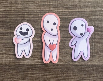 Kodama Japanese Tree spirit stickers! FANART! Cute and colorful characters holding hearts! Matte Waterproof or Rainbow Holo options!