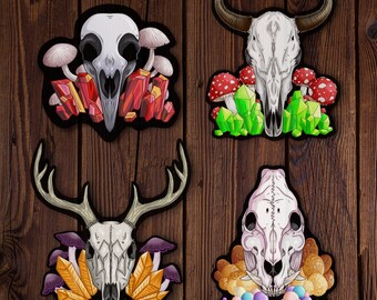 Witchy Crystal, Mushroom & Skull stickers! Macabe themed, Goblin core, Aesthetic Stickers! (Raven, Cow, Boar, Deer.)