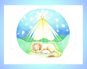 Lion and Lamb, starry night greeting cards. Done in colored pencil, printed on cardstock.