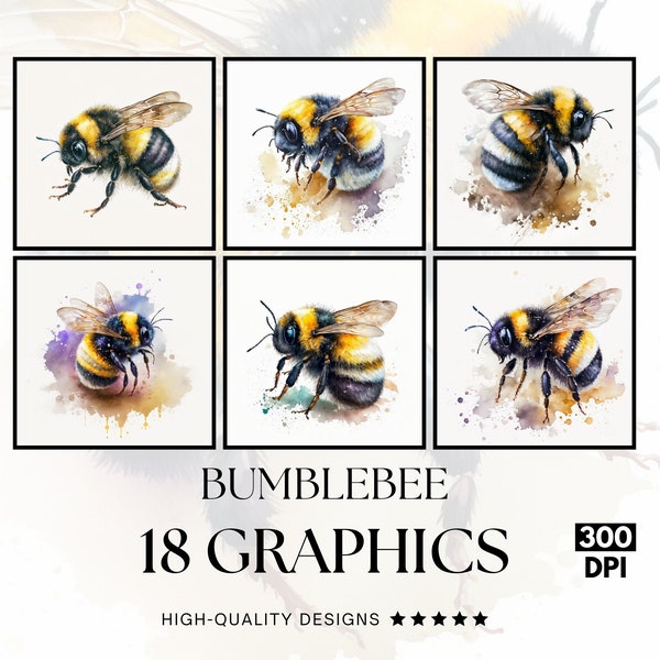 18 Bumblebee watercolor art Designs PNG Clipart Bundle, Sublimation Print, Graphics Bundle, Commercial Use, Watercolour Art