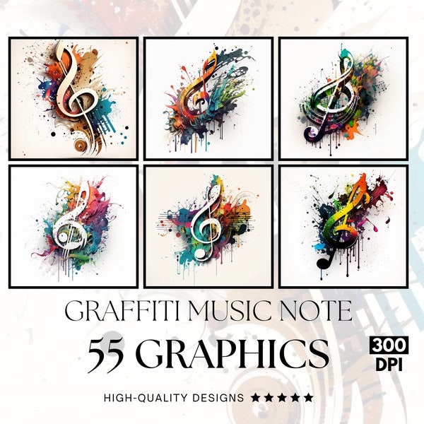 55 Graffiti Music Notes, PNG Clipart Bundle, Sublimation Print, Graphics Bundle, Commercial Use, Watercolour Art