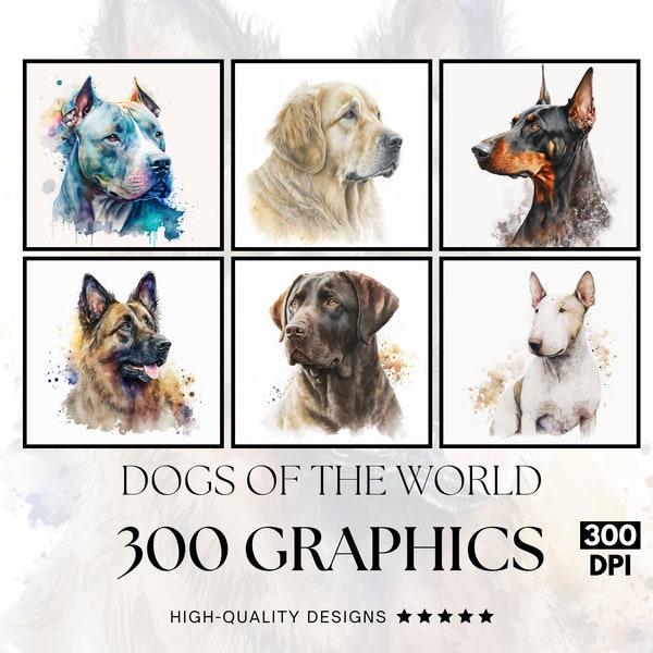 300 DOGS of the WORLD Designs PNG Clipart Bundle, Sublimationsdruck, Grafik Bundle, kommerzielle Nutzung, Aquarell Kunst