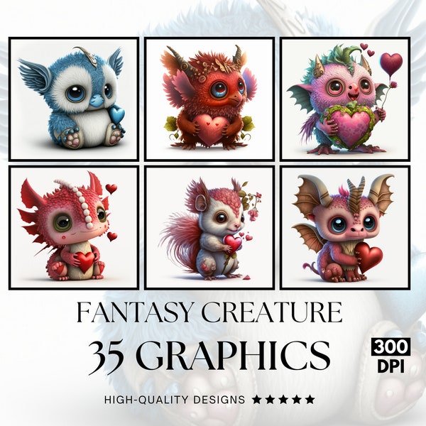 35 Adorable Fantasy Creature, PNG Clipart Bundle, Sublimation Print, Graphics Bundle, Commercial Use, Watercolour Artsublimation designs