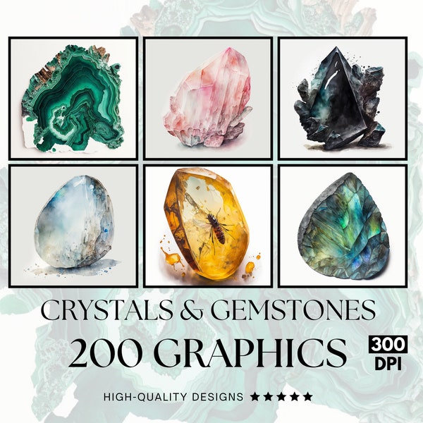 200 Kristalle & Edelsteine, PNG Clipart Bundle, Sublimationsdruck, Grafik Bundle, kommerzielle Nutzung, Aquarell Artsublimation designs