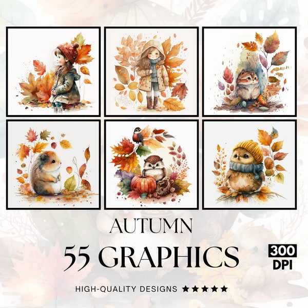 Autumn Watercolor, PNG Clipart Bundle, Sublimation Print, Graphics Bundle, Commercial Use, Watercolour Art