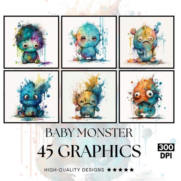 45 Abstract Watercolor Baby Monster, PNG Clipart Bundle, Sublimation Print, Graphics Bundle, Commercial Use, Watercolour Art