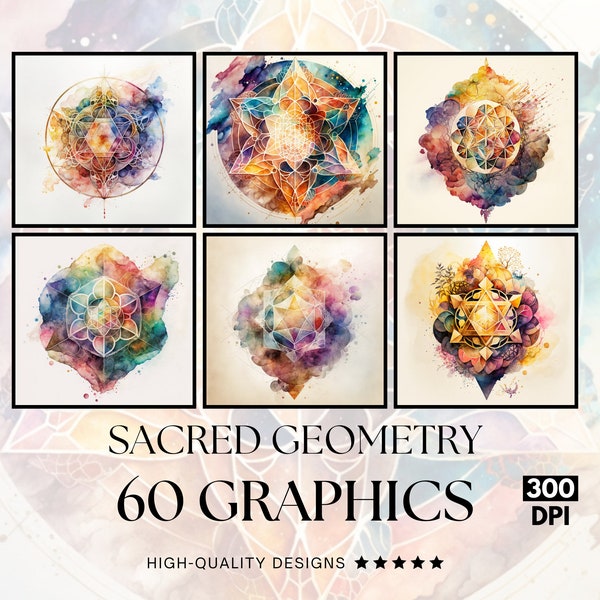 60 Abstract Watercolor Sacred Geometry, PNG Clipart Bundle, Sublimation Print, Graphics Bundle, Commercial Use, Watercolour Art